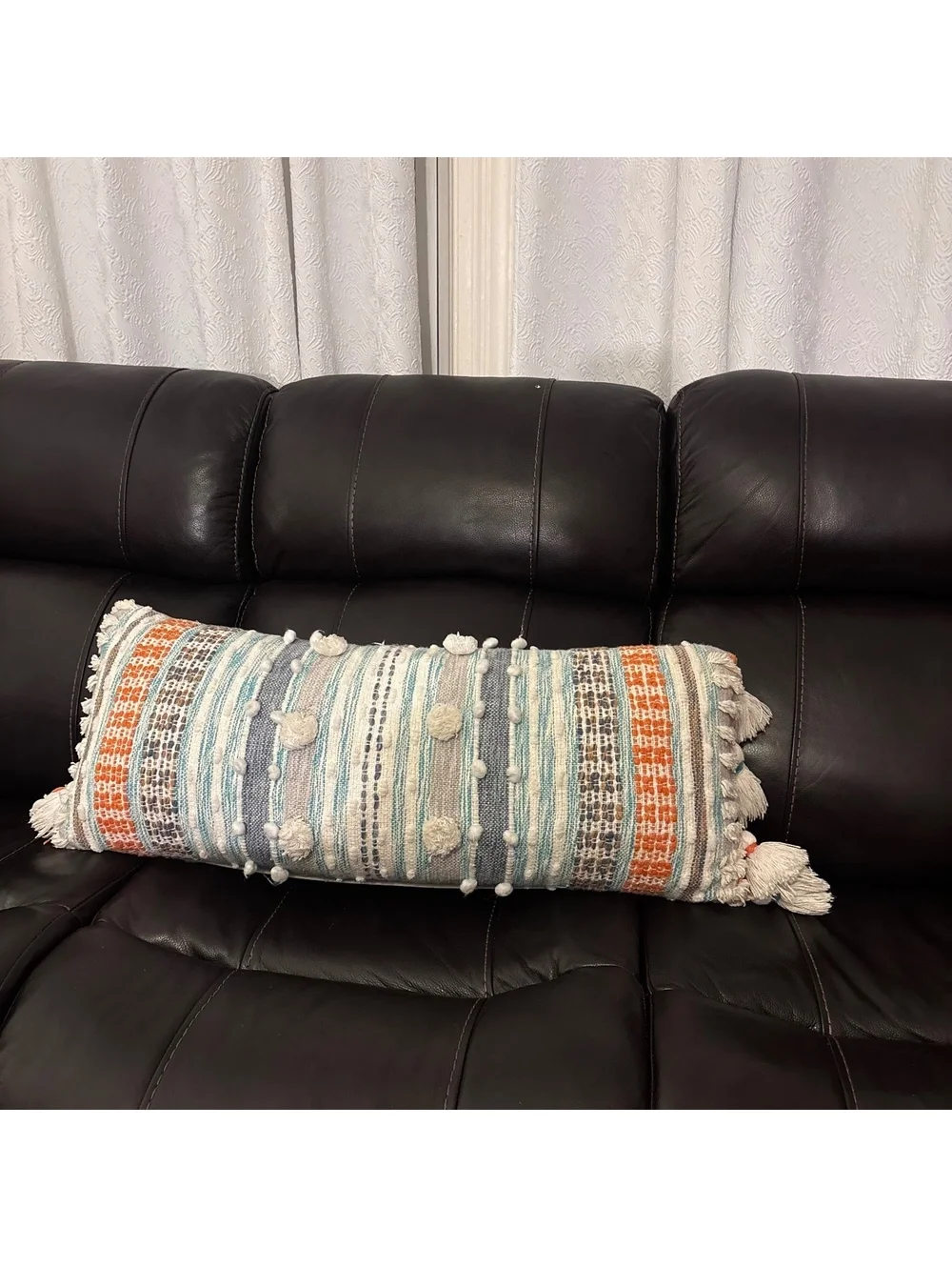 Boho Lumbar Throw Pillow with Tassels | Woven Textured Accent Pillow | 32” x 12”